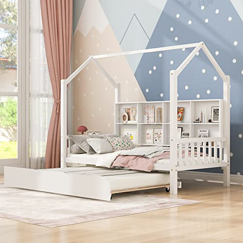 THINK 30 Wooden Twin Size House Bed Trundle Open Shelf White+Trundle - White