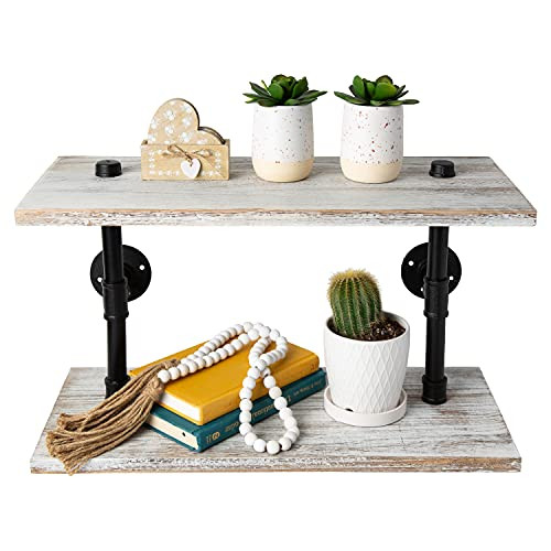 2-Tier Industrial Shelves Wall-Mount Farmhouse Shelves - Rustic White New