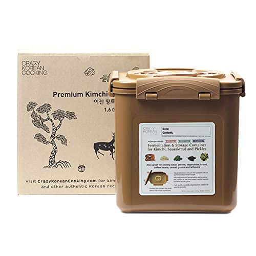 Crazy Korean Cooking Premium Kimchi, Sauerkraut Container (1.6 Gal Sandy Brown) New