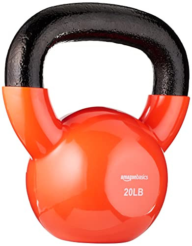 Amazon Basics Vinyl Coated Cast Iron Kettlebell, 20 Pounds, Wide Handle - Orange New