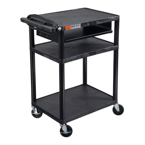 LUXOR AV Cart with Three Shelves, Front Pullout Shelf 300 lbs. LP34LE-B - Black New