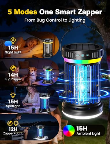 GTERT Solar Bug Zapper Outdoor High-Efficiency Mosquito Zapper 5 Modes