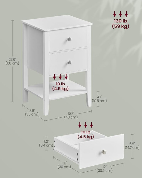 VASAGLE BAMBOO BEDSIDE TABLE WITH 2 STORAGE DRAWERS AND OPEN SHELF - WHITE