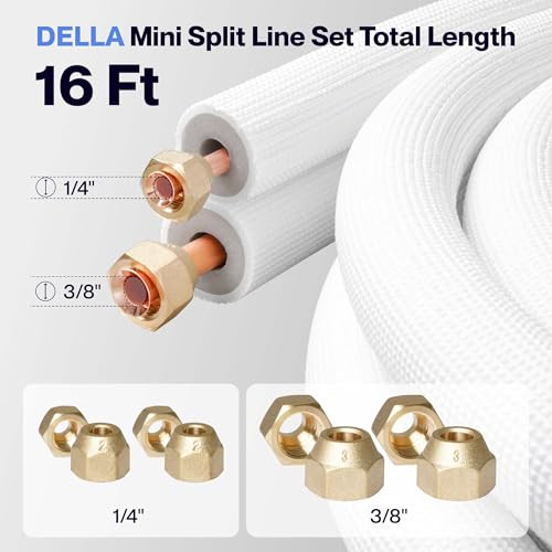 DELLA16 Ft Mini Split Line Set 3/8" & 1/4" O.D Copper Pipes - White New
