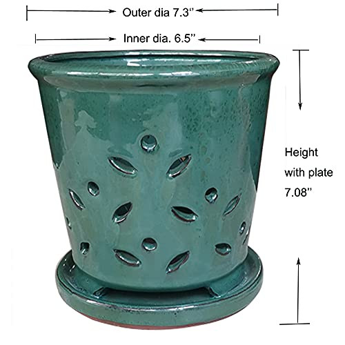 7" Large Round Orchid Pot Forest Green Ceramic pots Orchids Drainage B094FKDC4R New