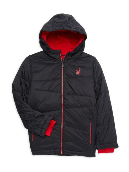 SPYDER BOY'S NEXUS LOGO HOODED PUFFER JACKET - SIZE: YOUTH L - BLACK/RED
