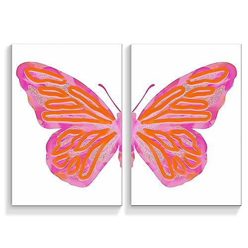 YAASILINAGE 2 PIECE SPLIT TRENDY PREPPY BUTTERFLY CANVAS WALL ART- PINK/ORANGE