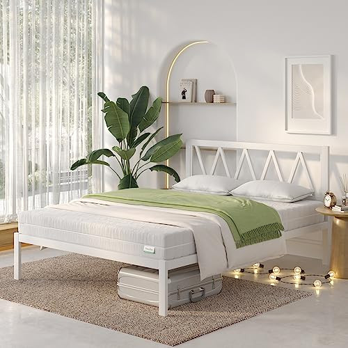 NOVILLA QUEEN BED FRAME WITH HEADBOARD METAL PLATFORM NO BOX SPRING WHITE New