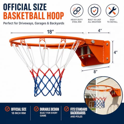 Rakon 18" Basketball Rim Replacement Heavy Duty Wall Mounted Basketball Hoop New