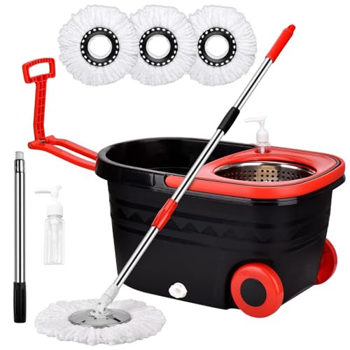 B0BXKGP61L Spin Mop and Bucket with Wringer Set on Wheels, Black/Red New