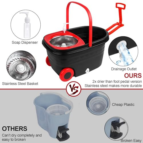 B0BXKGP61L Spin Mop and Bucket with Wringer Set on Wheels, Black/Red New