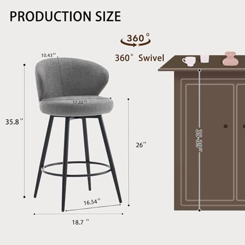 MASLIER BAR STOOLS SET OF 2, 360° SWIVEL BREATHABLE FABRIC - GRAY