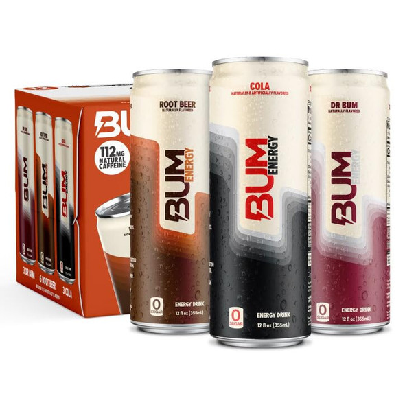 BUM Sugar-Free Energy Drink, Soda Variety Pack - Lightly Carbonated 12 pack New