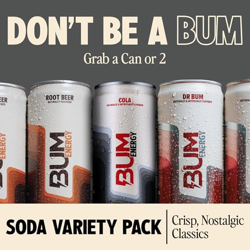 BUM Sugar-Free Energy Drink, Soda Variety Pack - Lightly Carbonated 12 pack New