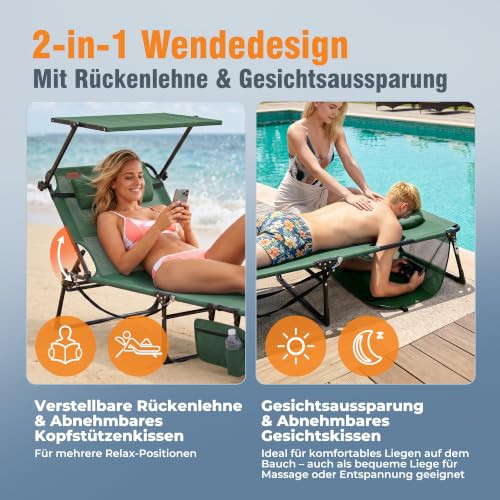 HOMECALL TANNING CHAIR WITH FACE HOLE & CANOPY - MOSS GREEN