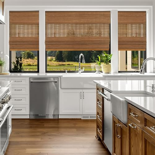 Calyx INTERIORS Cordless Bamboo Roman Shade Blind - Ceylon Light Russet New