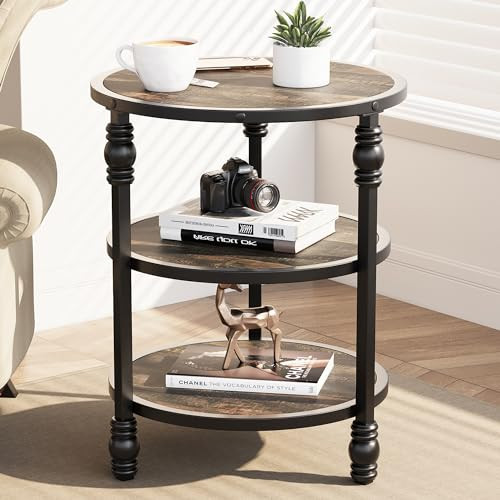 IDEALHOUSE Round End Table, Small Side Table with 3 Shelves for Living Room New