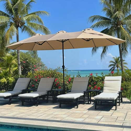 PHI VILLA 15FT LARGE PATIO UMBRELLAS WITH BASE INCLUDED OUTDOOR - BEIGE New