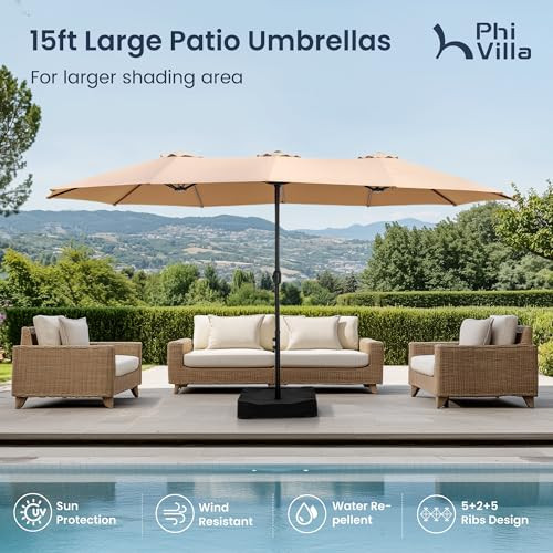 PHI VILLA 15FT LARGE PATIO UMBRELLAS WITH BASE INCLUDED OUTDOOR - BEIGE New