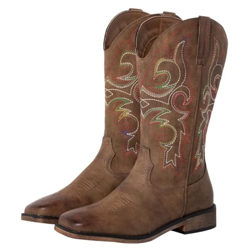 B08V8GC9FX SheSole Women's Square Toe Western Cowboy Cowgirl Boots, Brown, 9.5 New