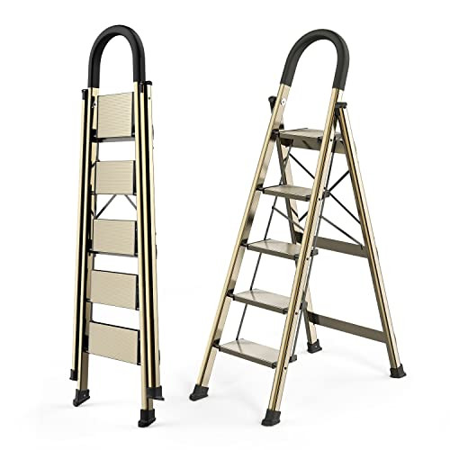 WOA WOA 5 Step Foldable Aluminum Step Ladder, Gold New