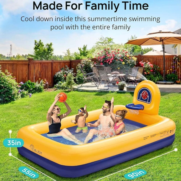 EVAJOY INFLATABLE KIDDIE POOL BASKETBALL HOOP DURABLE PVC BACKYARD - BLUE/YELLOW
