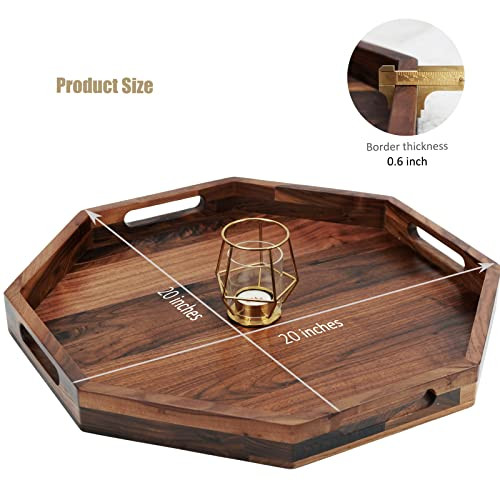 MAGIGO 20" Large Octagonal Black Walnut Wood Ottoman Tray with Handles New
