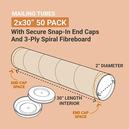 Cardboard Tubes with Caps 30"L x 2"W x 2"H Pack 50 Poster Tube B00BT33W2K - NEW New