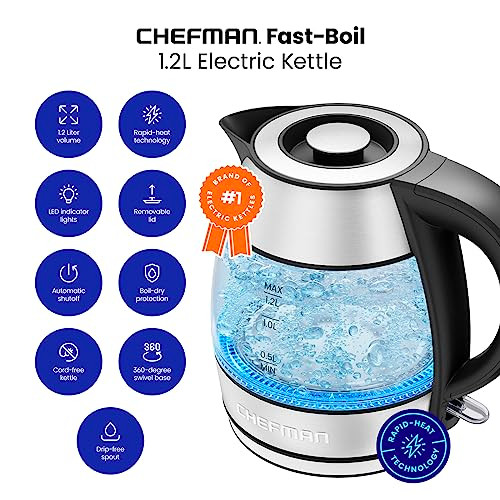 Chefman 1.2L Electric Tea Kettle LED Lights Hot Water Boil-Dry Protection New