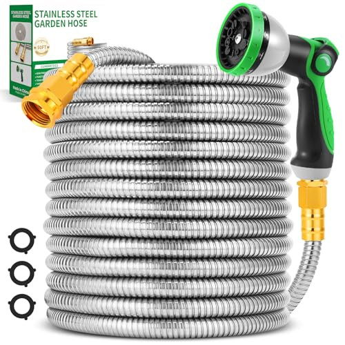 TOOLASIN Stainless Steel Hose 50FT, 10-Function Nozzle, FH-M01 - Silver/Green New