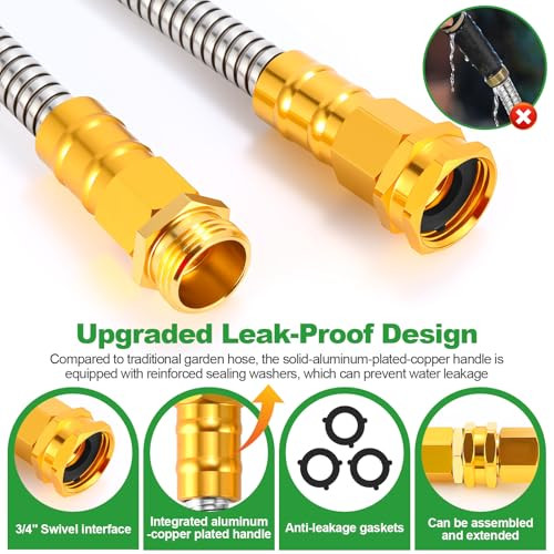 TOOLASIN Stainless Steel Hose 50FT, 10-Function Nozzle, FH-M01 - Silver/Green New