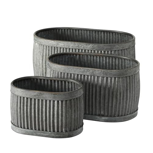 French Country Oval Chubby Belly Planters, Grey, Set of 3, 24.5, 20, 14.5 " New