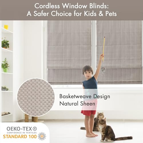Madison Park Roman Shade, Room Darkening Blind Cordless, 33x64, Sheen Taupe New
