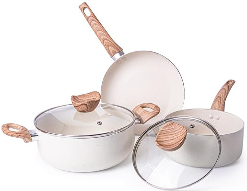 Nuovva 5pc Cream Granite Non-Stick Pots and Pans Set Induction Hob Cookware New