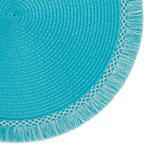 DII Woven Placemat Collection Round, 14.75" Diameter, Aqua Fringe, 6 Pieces New