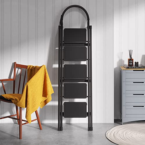 JOISCOPE 5 Step Ladder, Folding Step Stool, 250 Lbs Capacity, Black - NEW New