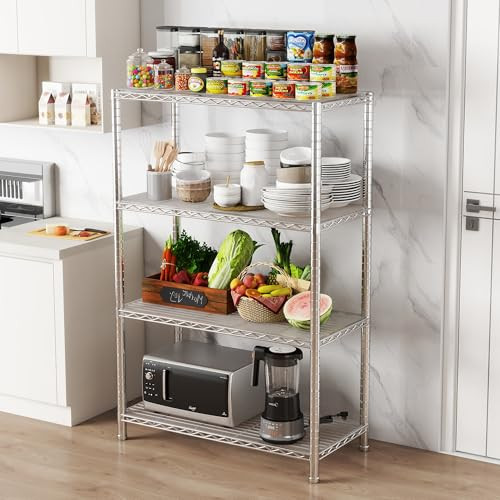 EZPEAKS Chrome 4-Shelf Shelving Unit with Shelf Liners Set 30W x 14D x 47H New