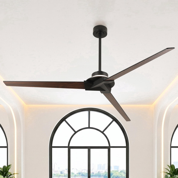 VACZON 70" INDUSTRIAL BLACK 3 WOOD BLADES DIMMABLE LED LARGE CEILING FAN - BLACK