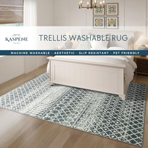 Kaspene Home Trellis Washable Rug, 6x9, Light Gray New