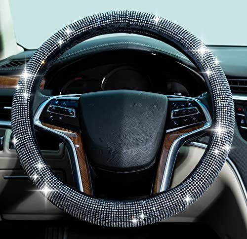 Comwilbet New Diamond Inlay Leather Steering Wheel Cover, 15 inch, B0B2D1CNXP New