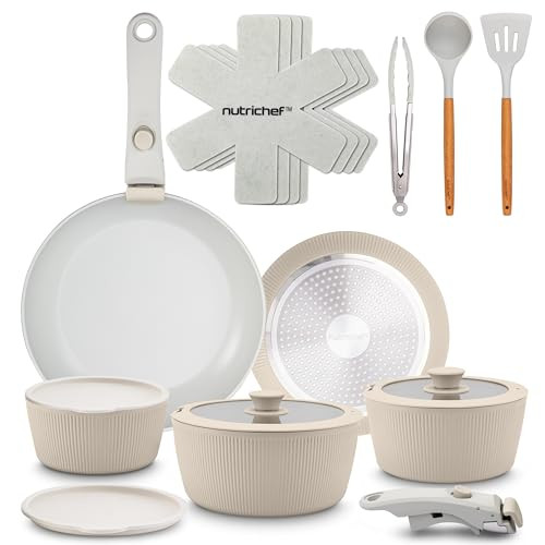 NUTRICHEF 18-PIECE CERAMIC COOKWARE SET NCCS18DTHCR - CREAM
