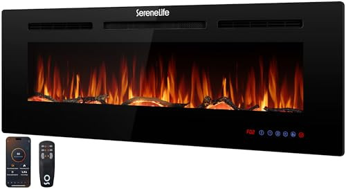 PYLE SERENELIFE 50 INCH ELECTRIC FIREPLACE HEATER LED FLAME SMART WI-FI - BLACK