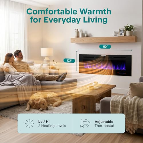 PYLE SERENELIFE 50 INCH ELECTRIC FIREPLACE HEATER LED FLAME SMART WI-FI - BLACK