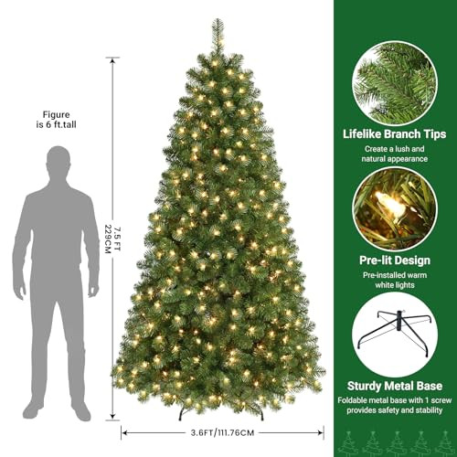 SHARECONN 7.5FT PRELIT ARTIFICIAL HINGED CHRISTMAS TREE LIGHTS 350 WARM WHITE