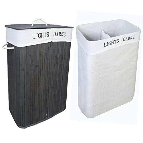 Laundry Hamper Bamboo Clothes Basket, Lid, Handles, Removable Liner Bag New