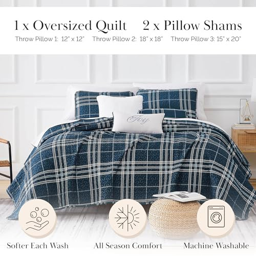 SOUTHSHORE OVERSIZED 6 PIECE QUEEN SIZE DUVET SET SOFT VILANO PLAID BLUE New