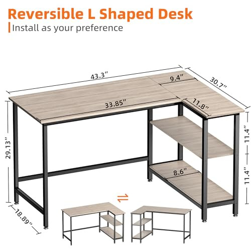 WOODYNLUX L Shaped Computer Desk - 43 Inch Home Office Desk with Shelf - Gray New