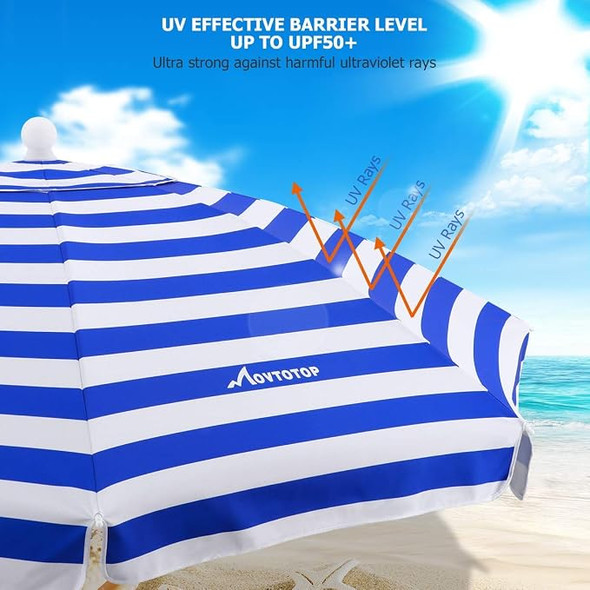 MOVTOTOP 6.5FT BEACH UMBRELLA WITH SAND ANCHOR & TILT MECHANISM - BLUE WHITE