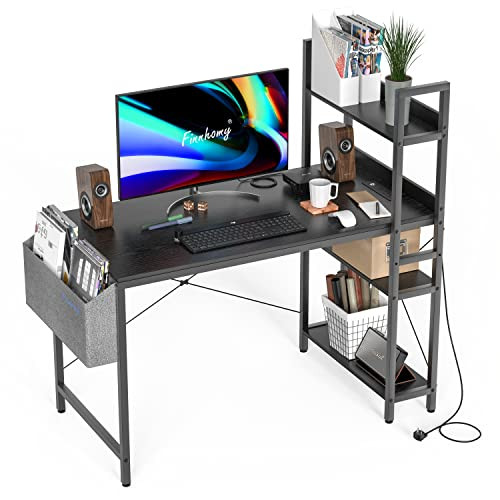 Finnhomy 47" Computer Desk with Power Outlets Storage Shelves B0BKKYMGH1 - Black New