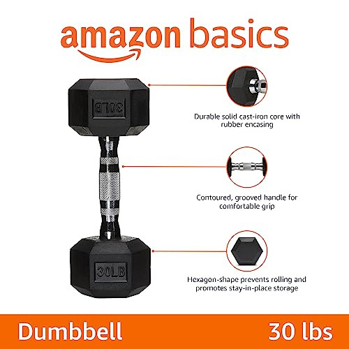 AMAZON BASICS RUBBER HEX DUMBBELL HAND WEIGHT 30LB HEX SHAPED - BLACK New